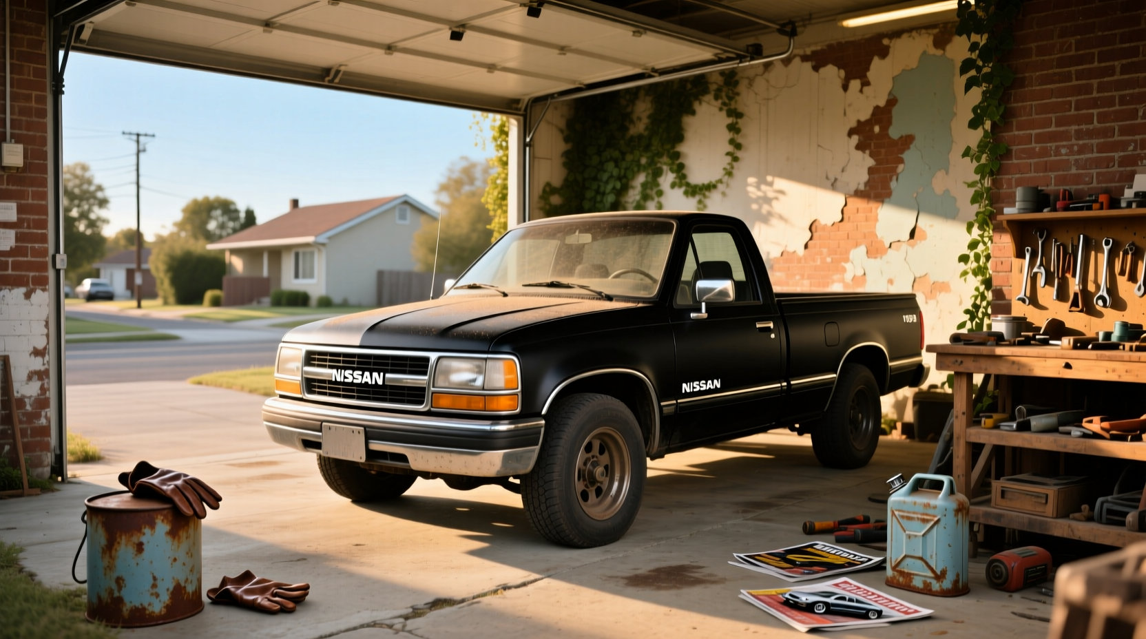Side view of a restored 1994 Nissan Hardbody pickup truck on paved road