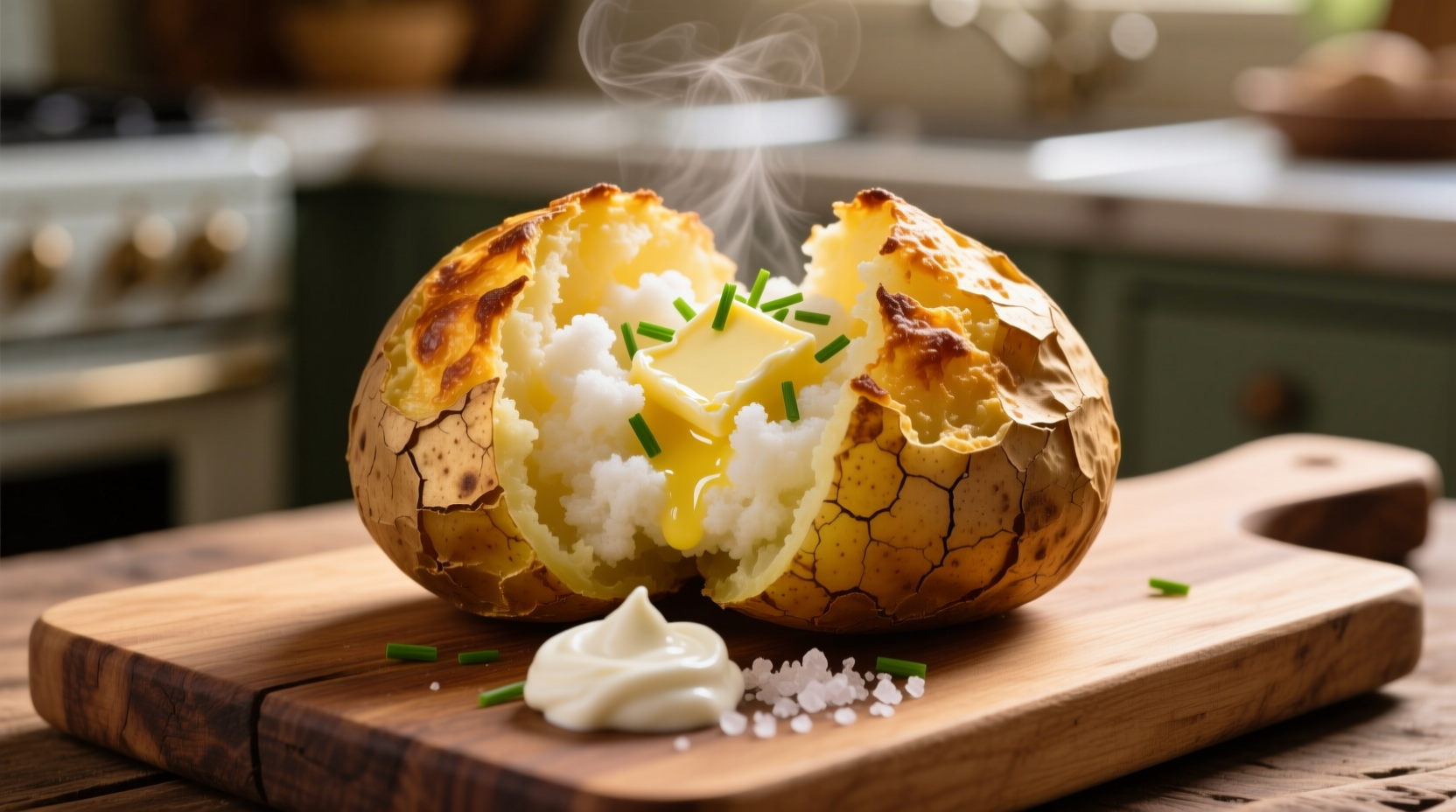 Golden baked potato with fluffy interior and crisp skin