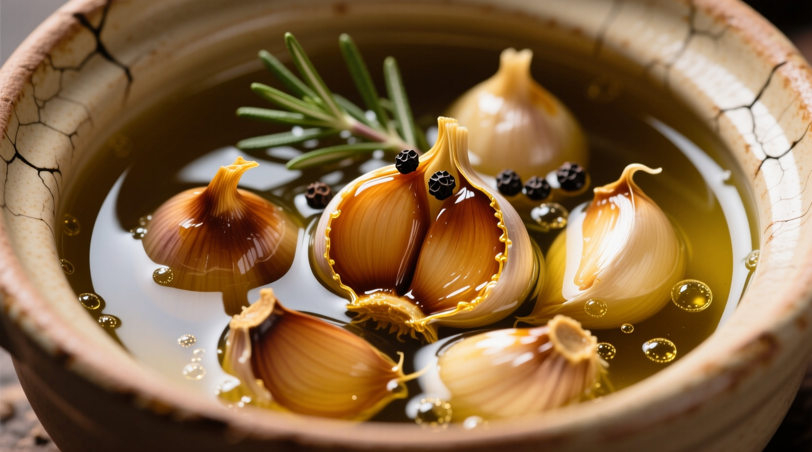 Golden garlic confit cloves submerged in olive oil