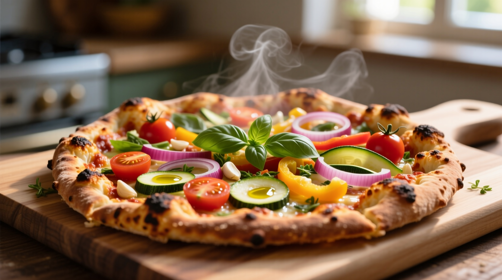 Golden brown cauliflower pizza crust topped with vegetables