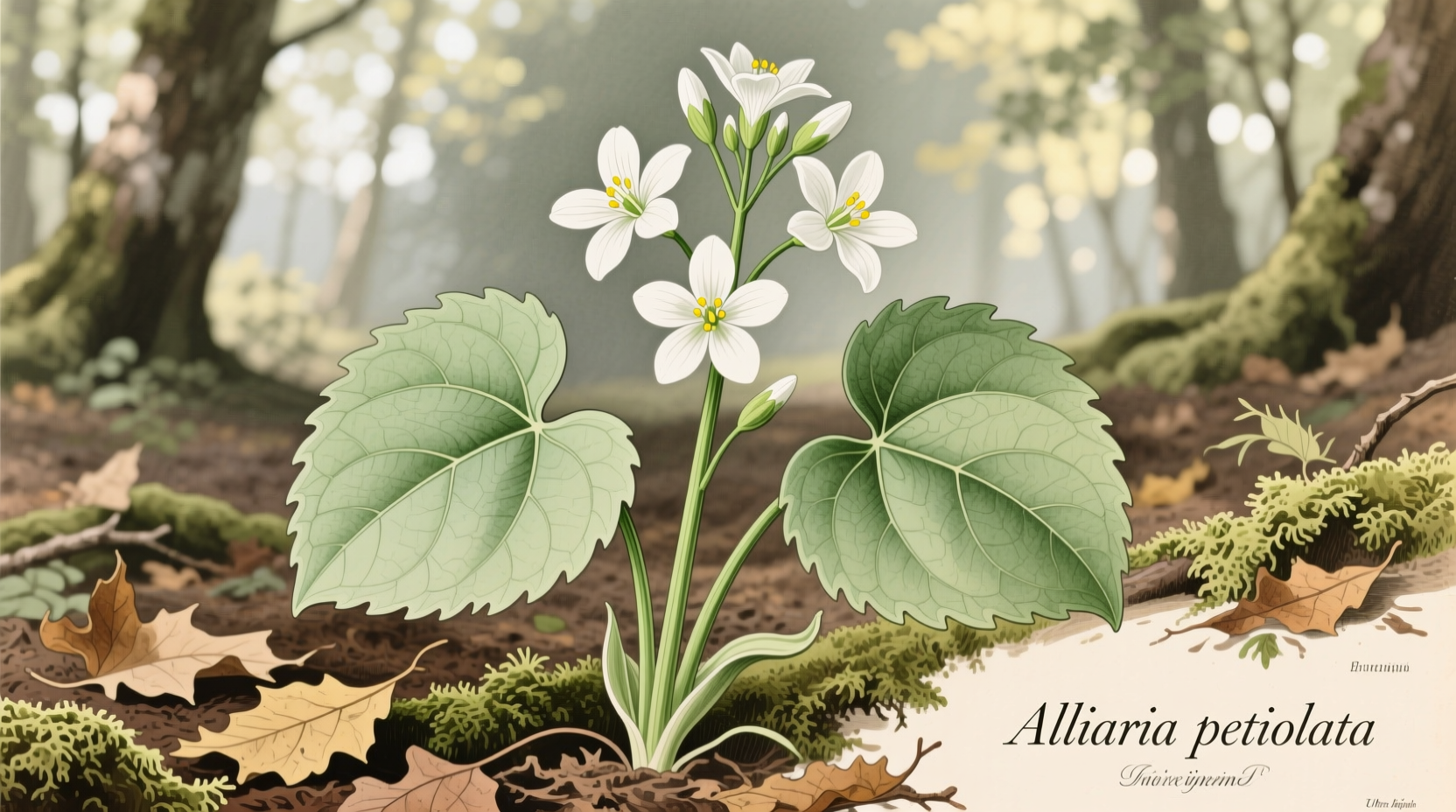 Garlic mustard plant showing heart-shaped leaves and white flowers