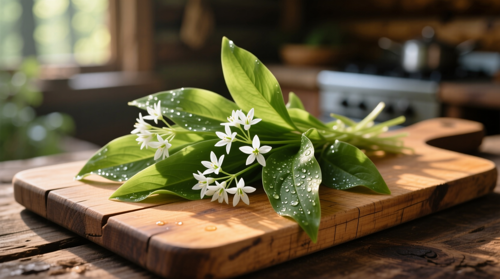 Fresh wild garlic leaves and flowers on wooden cutting board