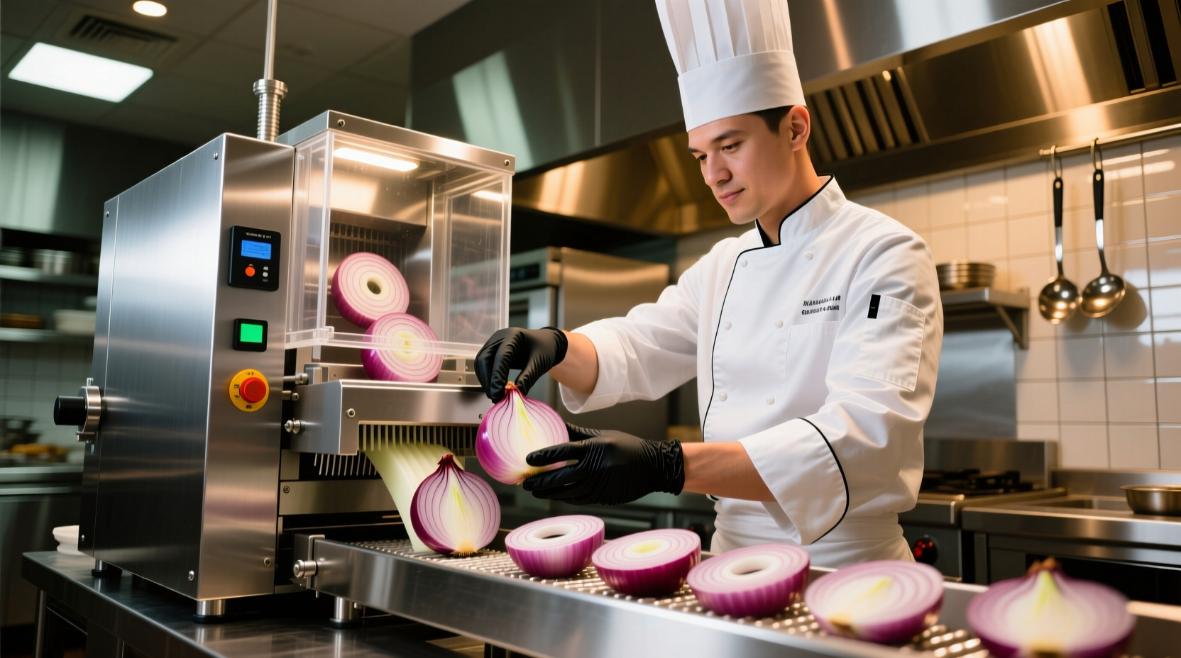 Professional chef using commercial onion cutting machine