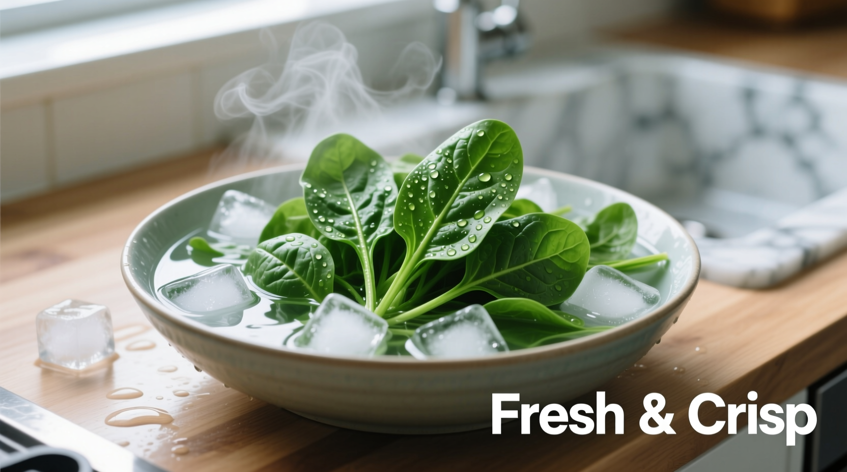 Fresh spinach reviving in ice water bath