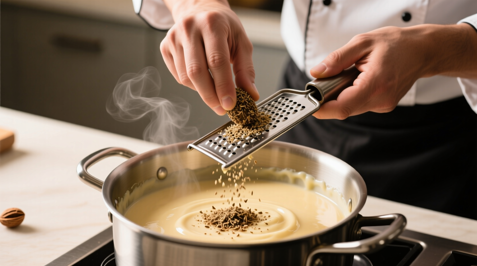 Chef adjusting seasoning in a creamy béchamel sauce with freshly grated mace