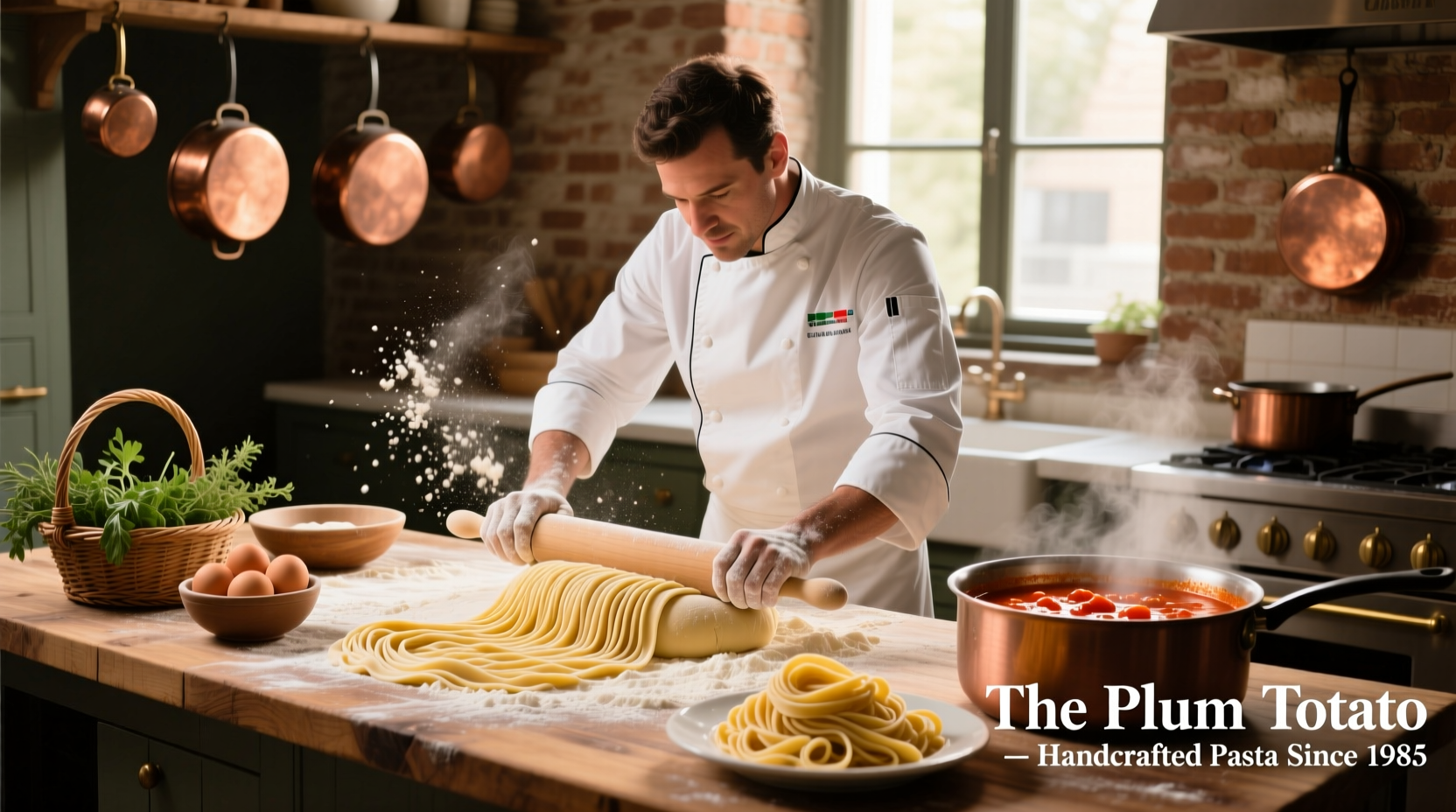Chef preparing fresh pasta at The Plum Tomato