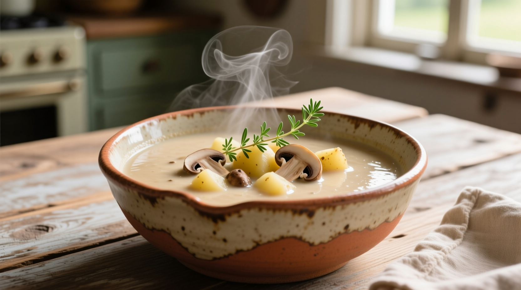 Creamy mushroom potato soup in rustic bowl with thyme garnish