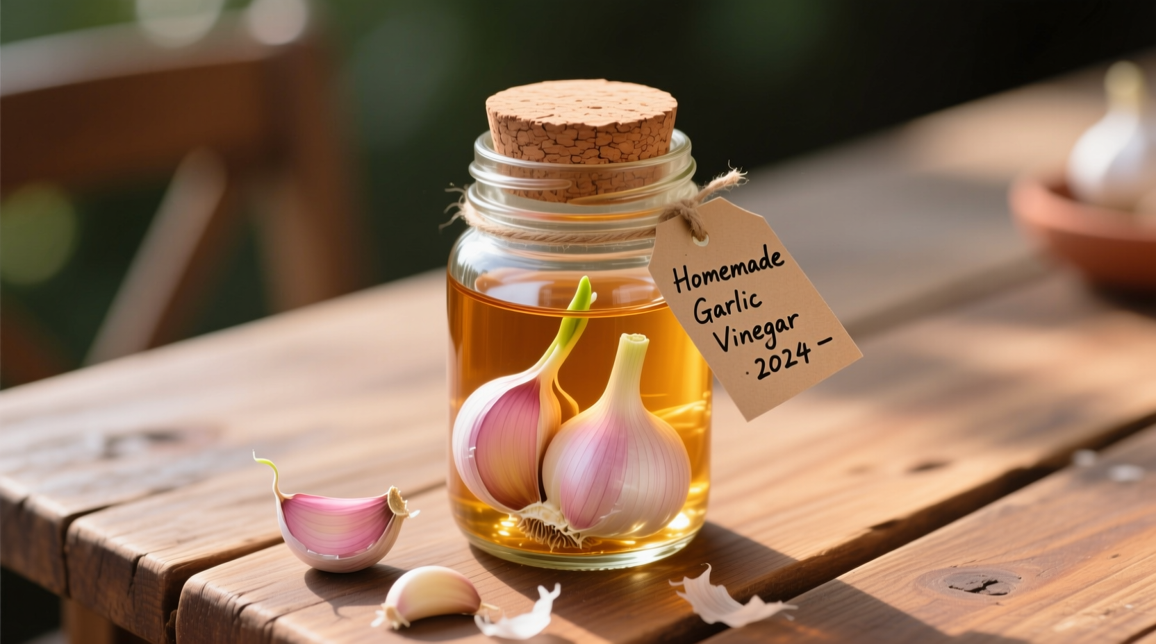Homemade garlic vinegar in glass bottle with fresh cloves