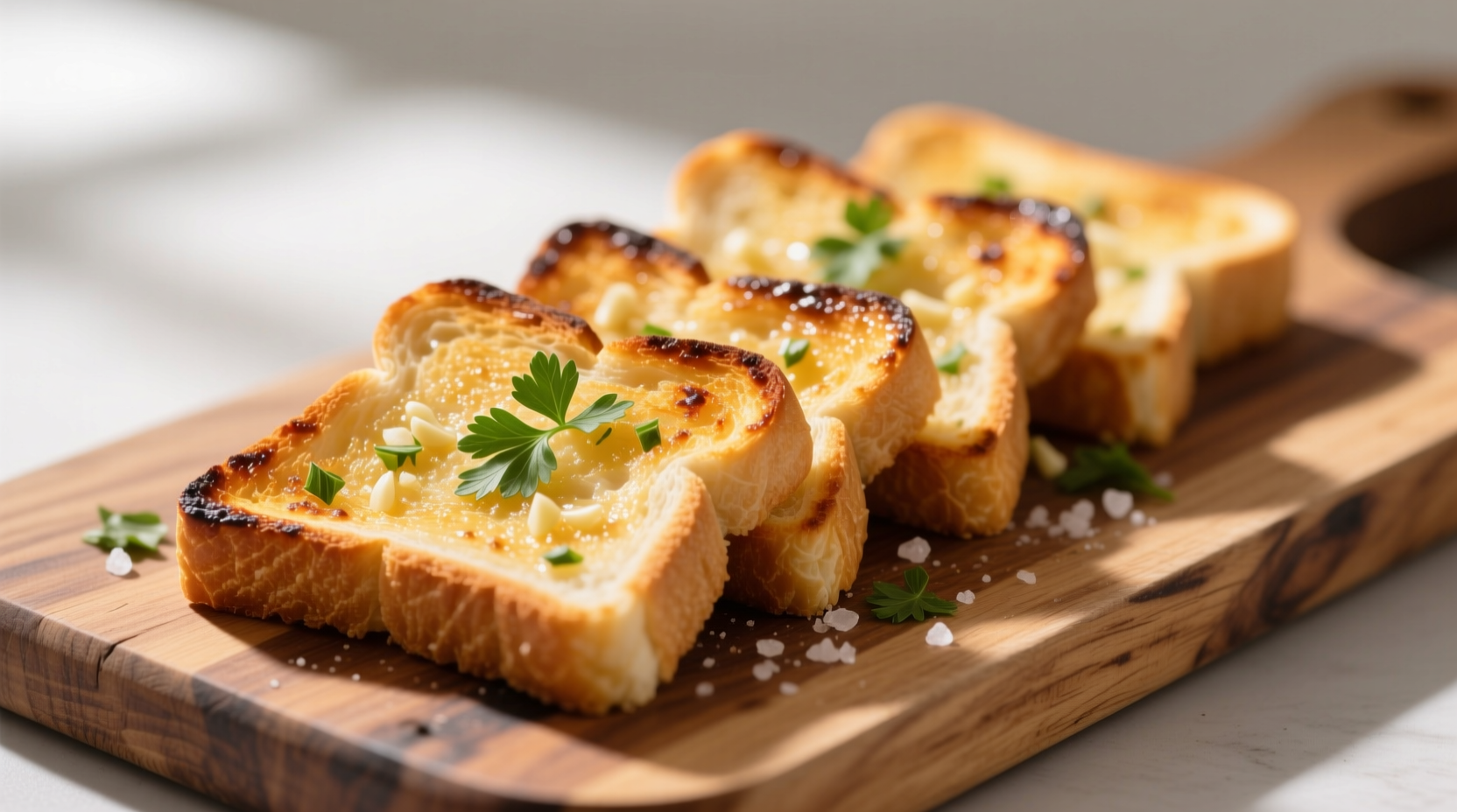 Golden garlic toast slices on wooden cutting board
