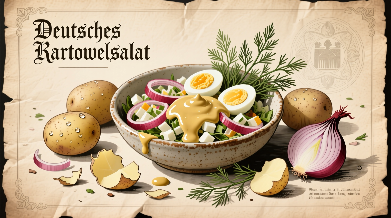 Vintage illustration of traditional German potato salad ingredients