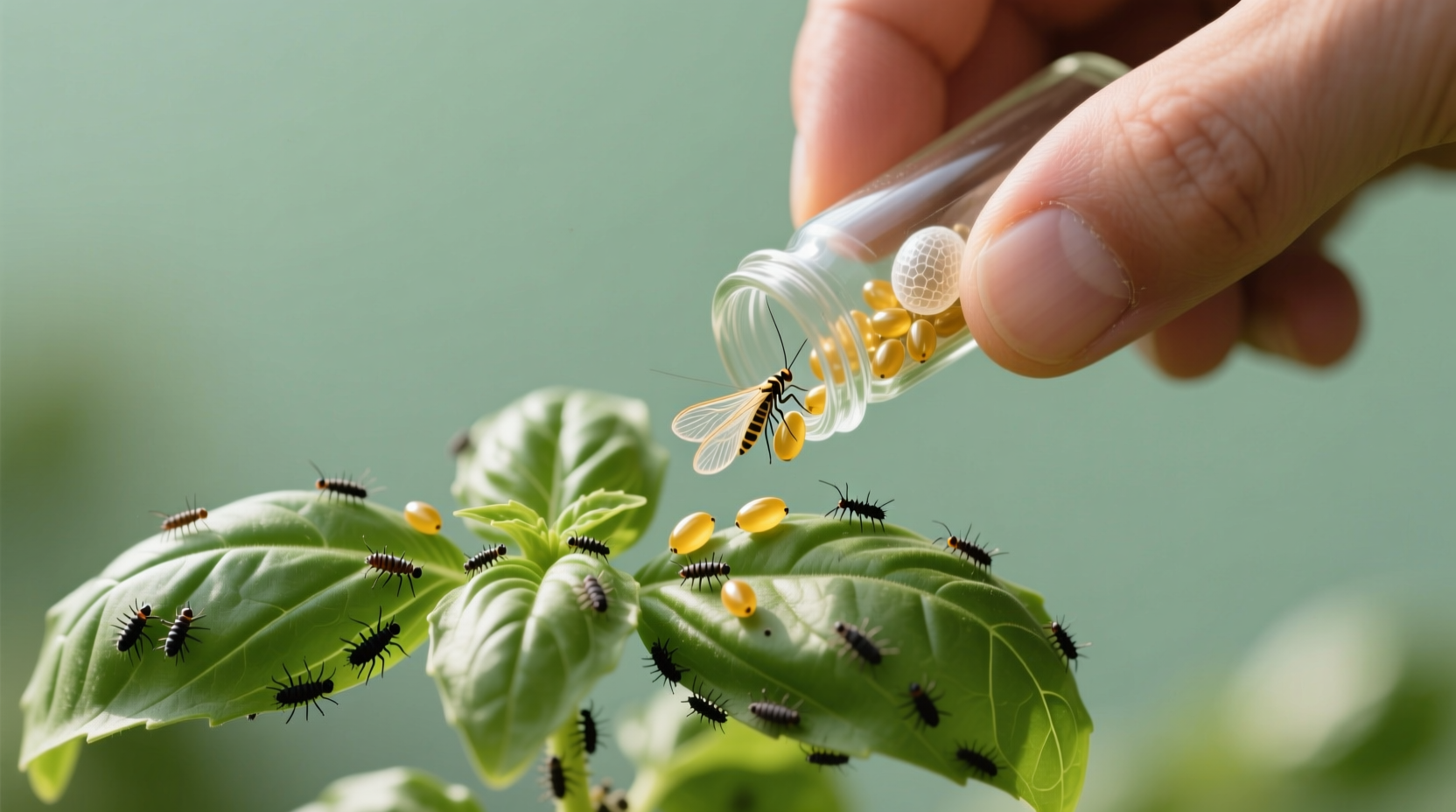 Hand shaking lacewing eggs from a small bottle onto basil leaves with visible aphids