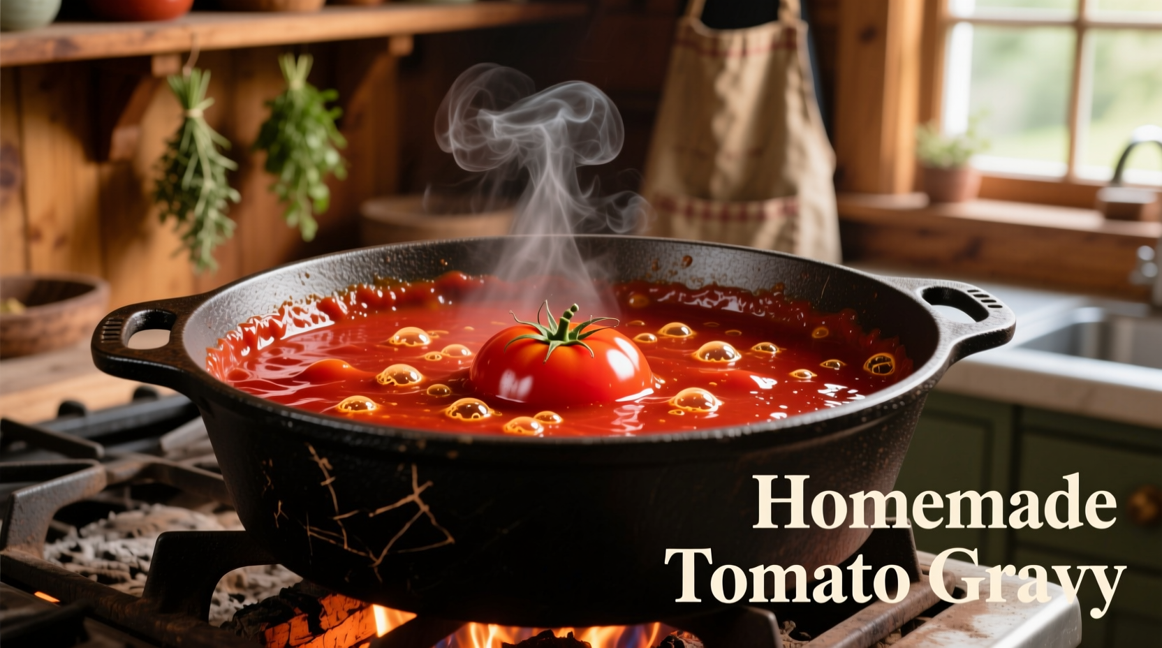 Rich red tomato gravy simmering in cast iron pot