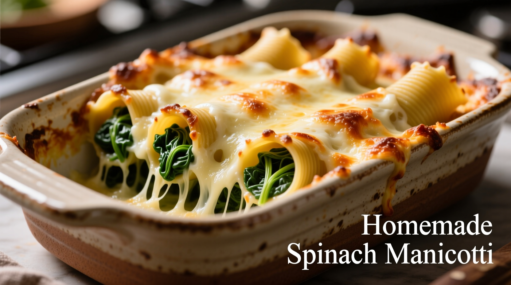 Spinach manicotti baked in ceramic dish with melted cheese