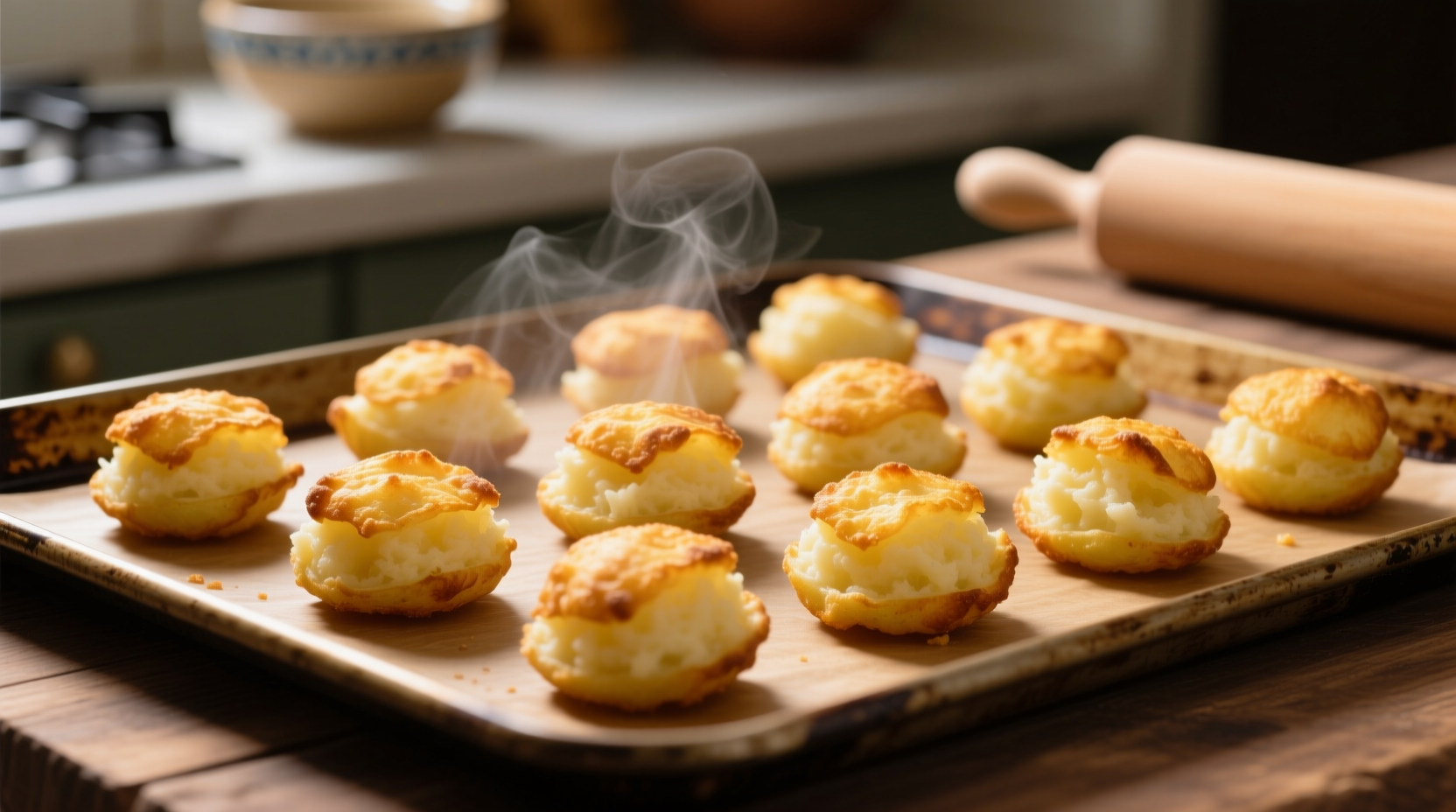 Golden potato puffs made from mashed potatoes on baking sheet