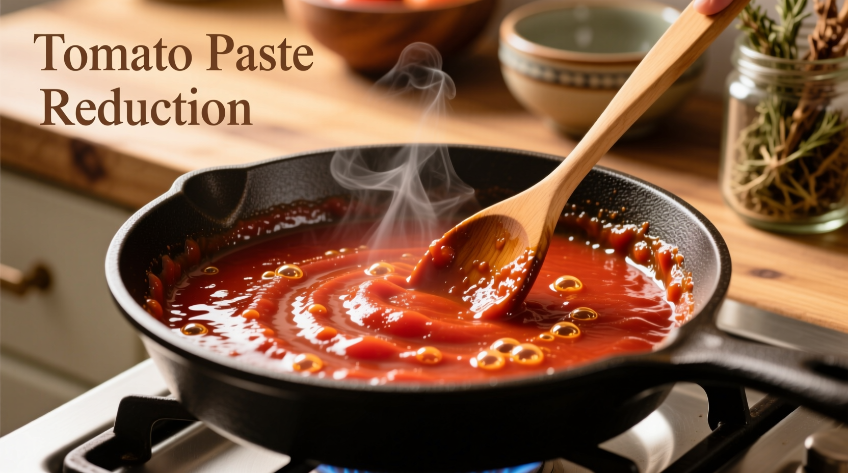 Tomato sauce reducing in skillet to make paste
