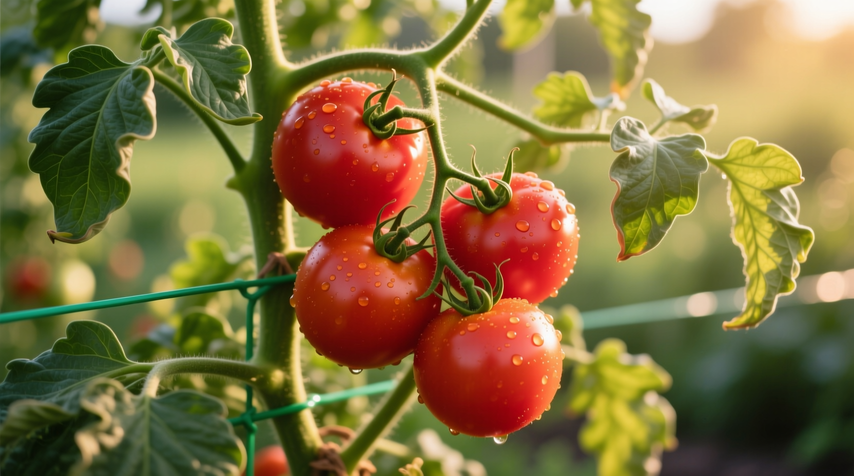 Ripe red tomatoes on vine with leaves