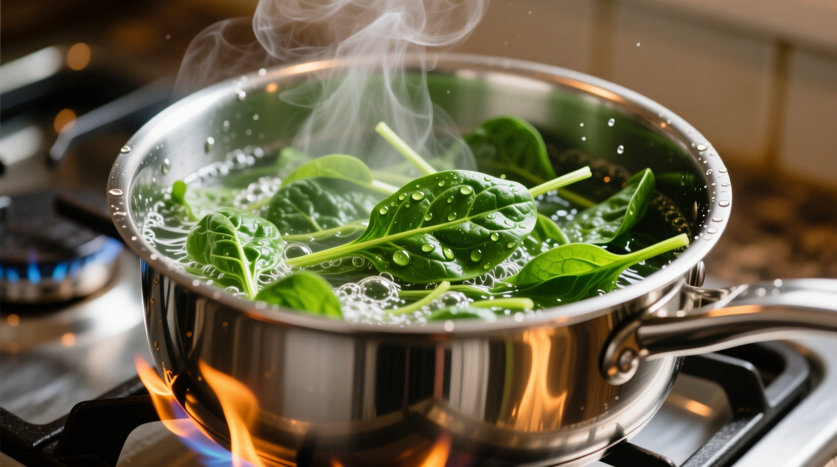 Fresh spinach boiling in stainless steel pot
