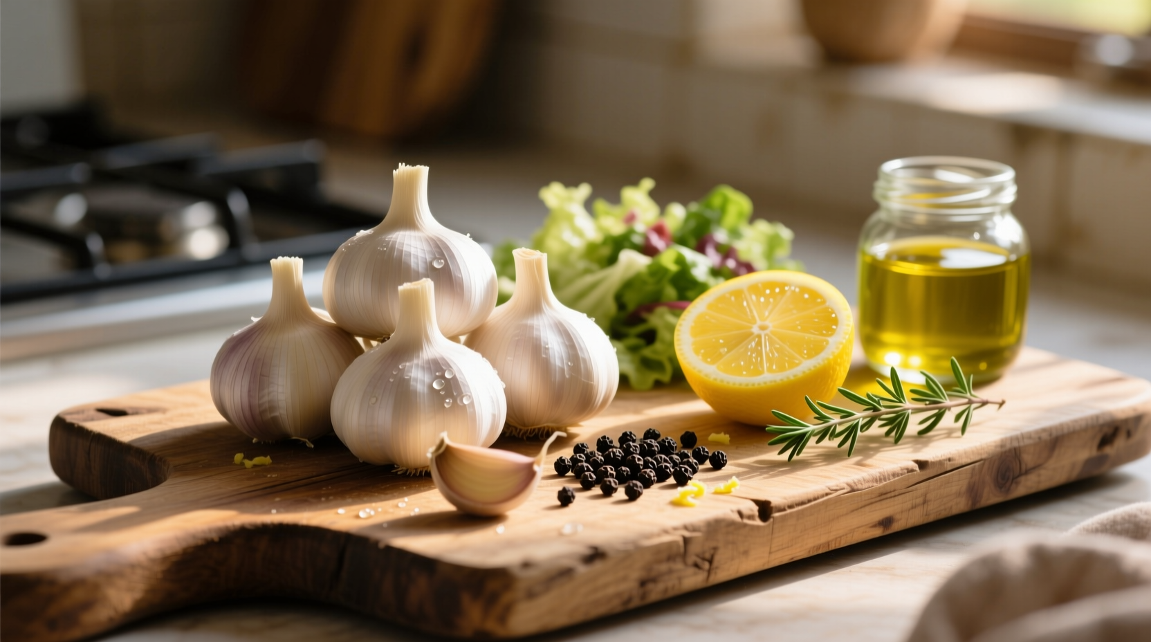 Fresh garlic cloves and salad dressing ingredients