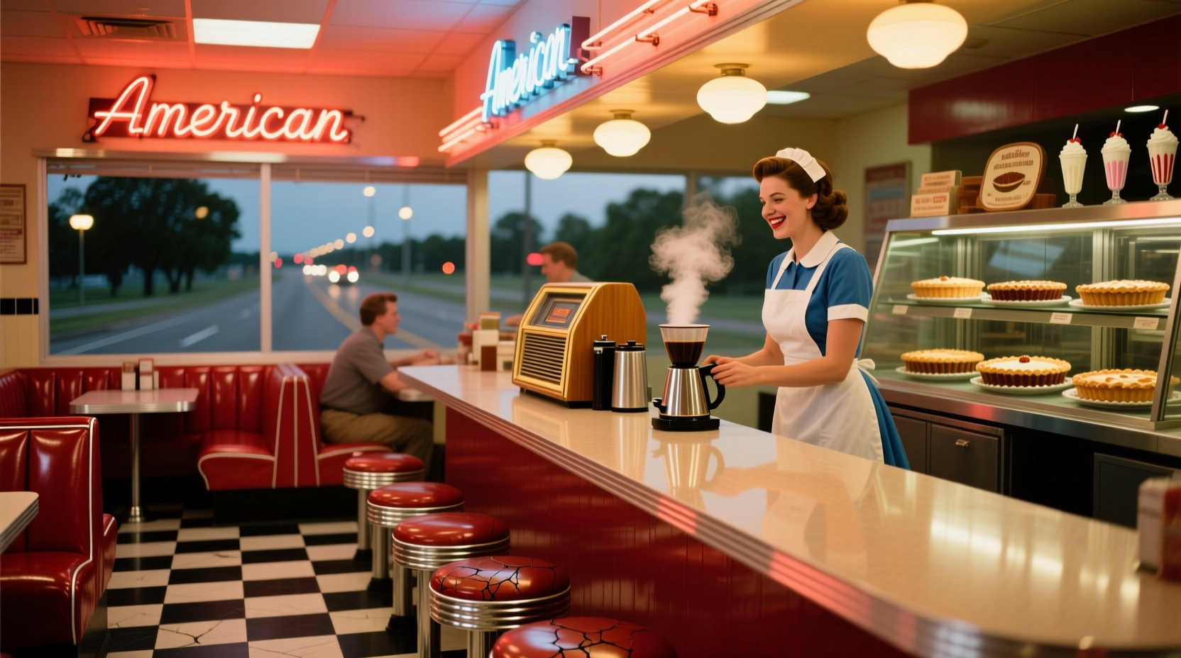 Small town diner interior with red booths and counter