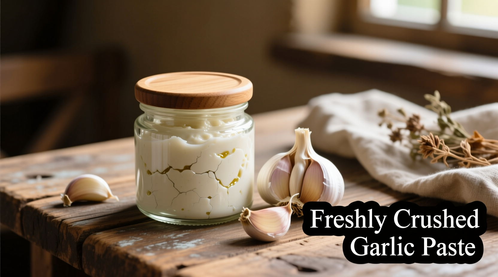 Fresh garlic paste in glass container with whole cloves