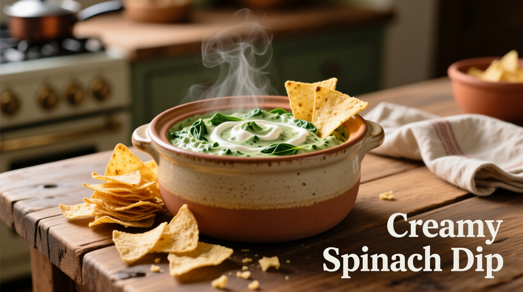 Creamy spinach dip served in crock pot with tortilla chips