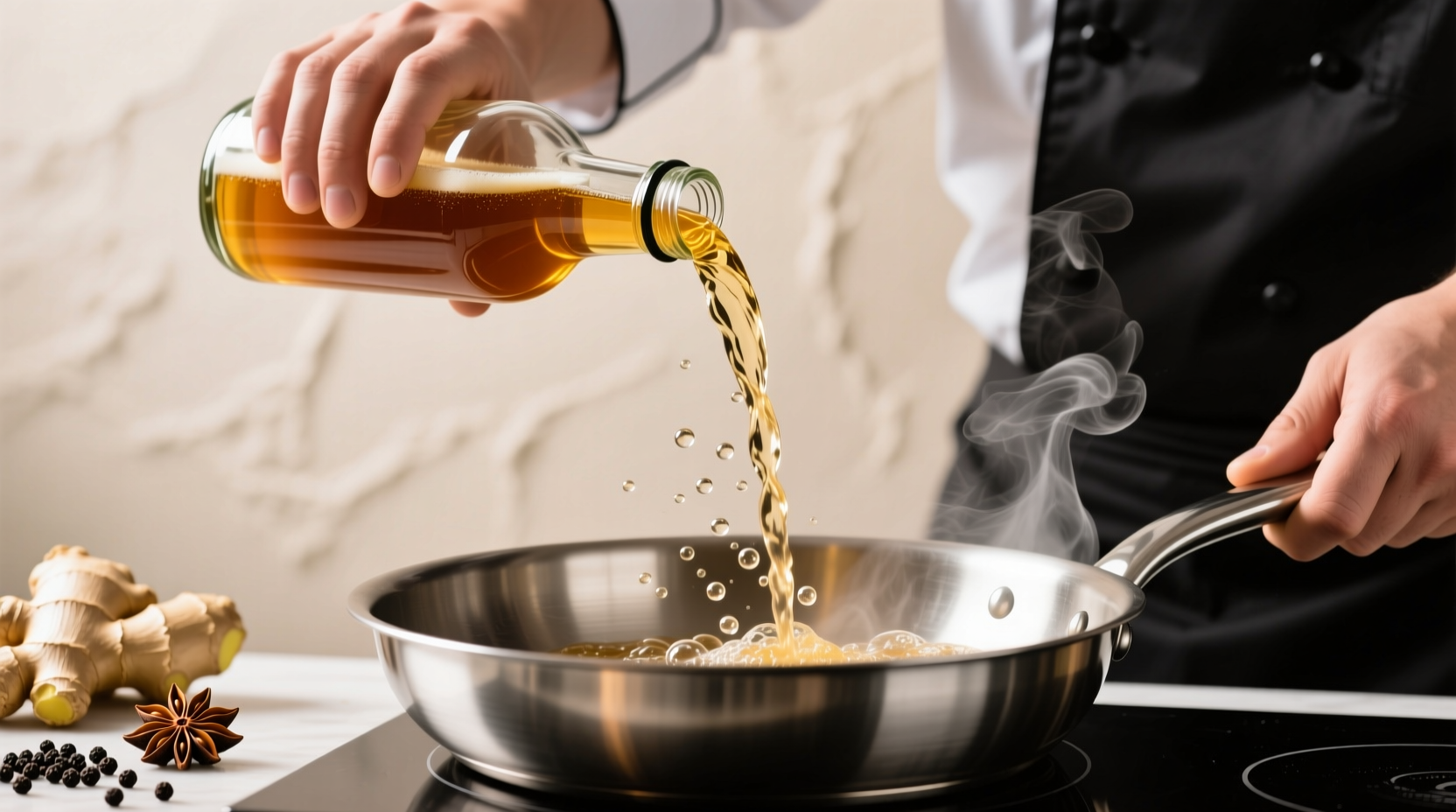 Chef pouring ginger beer into a pan with star anise and black pepper for a spice-infused sauce