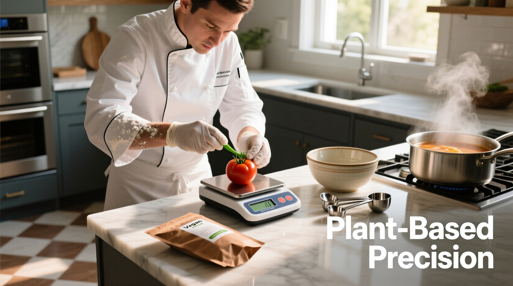 Chef measuring tomato substitutes in kitchen
