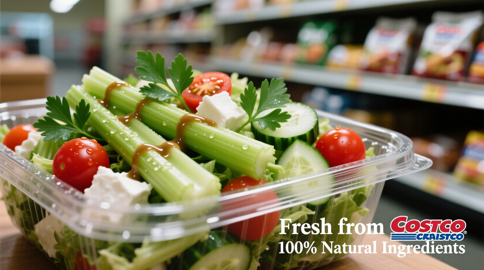 Costco celery salad in serving container with fresh ingredients