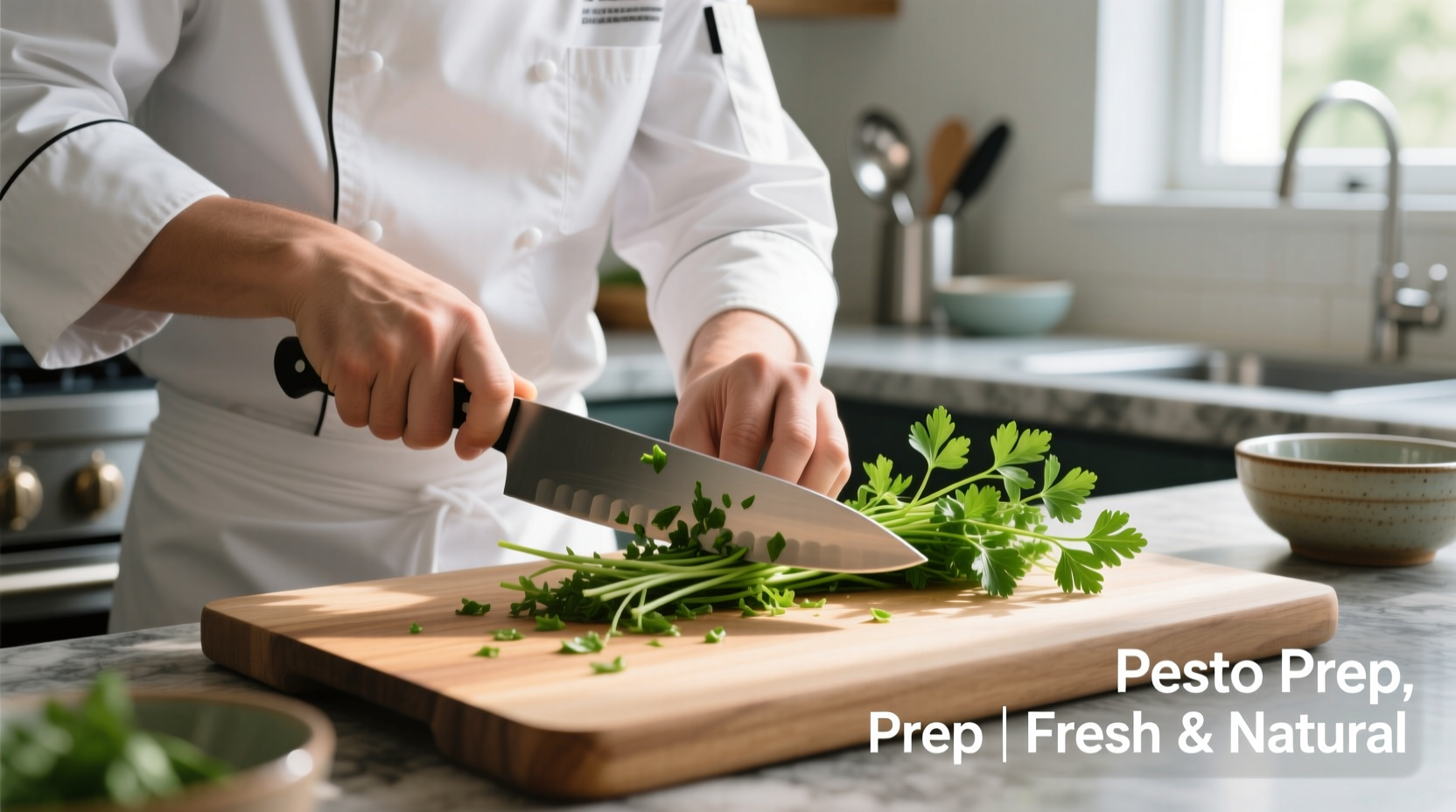 Chef finely chopping parsley stems for pesto