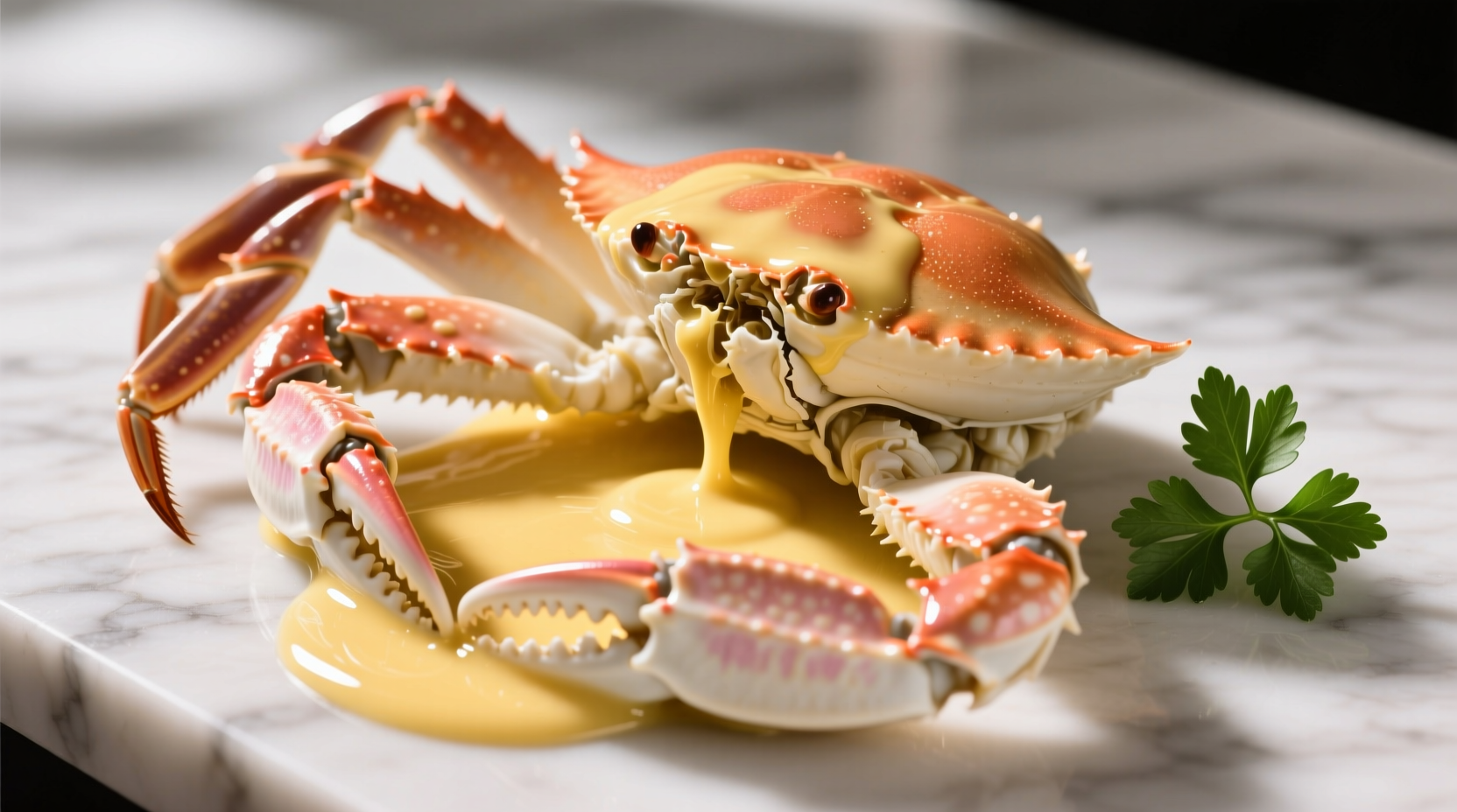 Golden garlic butter sauce drizzled over steamed crab legs