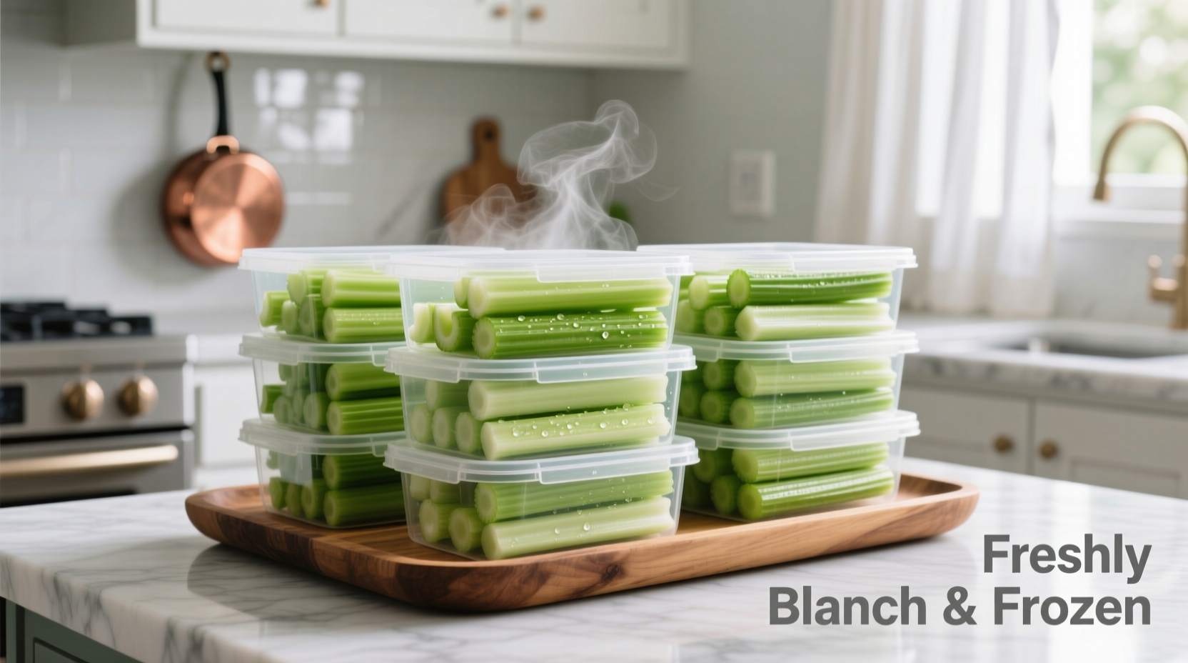 Celery stalks being blanched and frozen in portioned containers