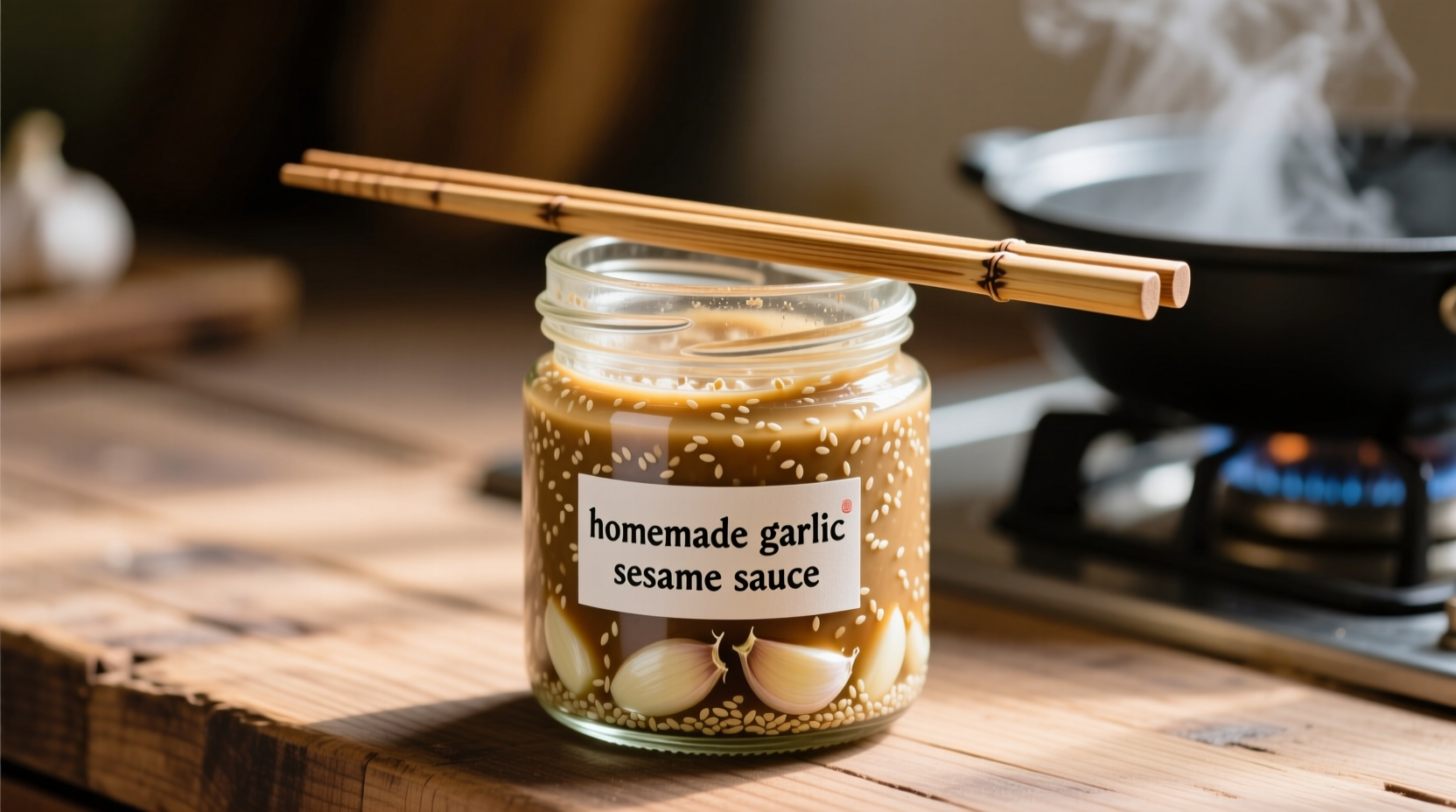 Homemade garlic sesame sauce in glass jar with chopsticks