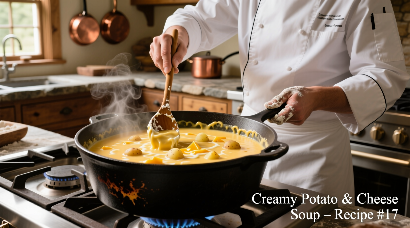 Chef stirring creamy potato and cheese soup in cast iron pot