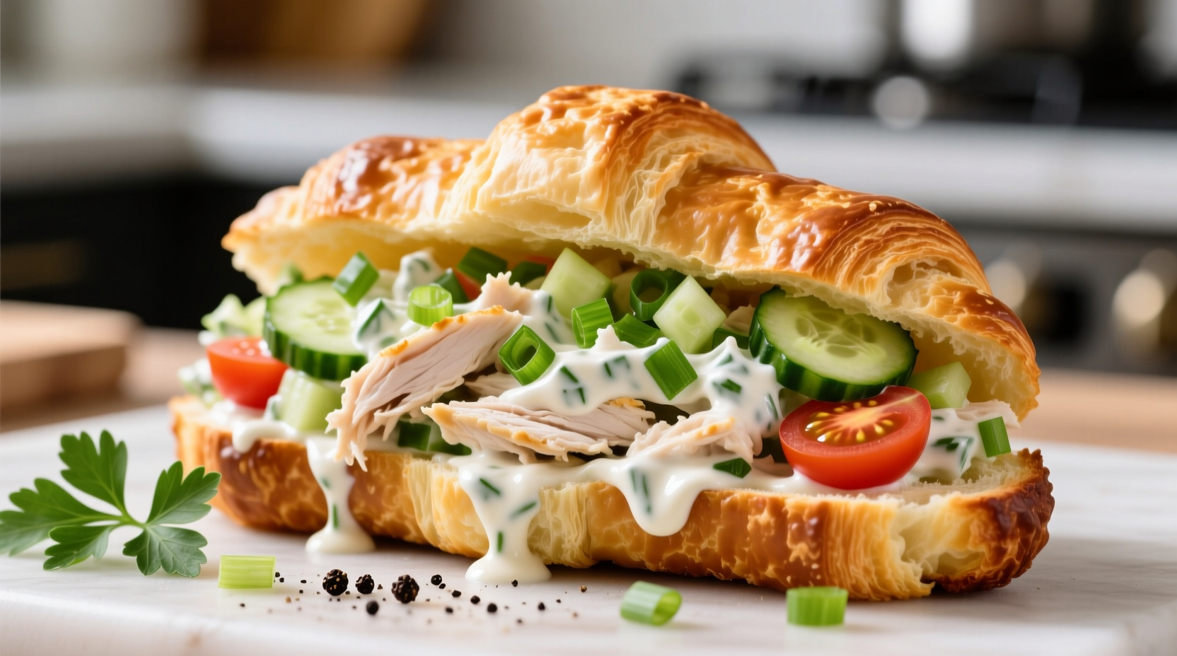Creamy chicken salad without celery served on croissant
