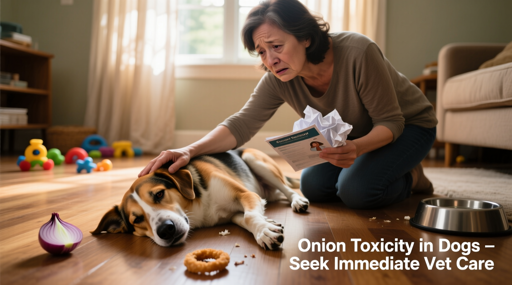 Dog showing symptoms of onion toxicity with concerned owner