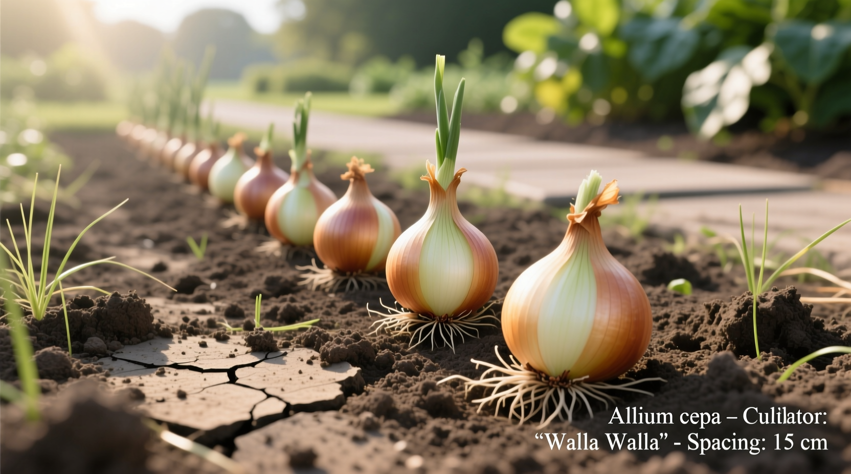 Long day onion sets planted in garden soil with proper spacing