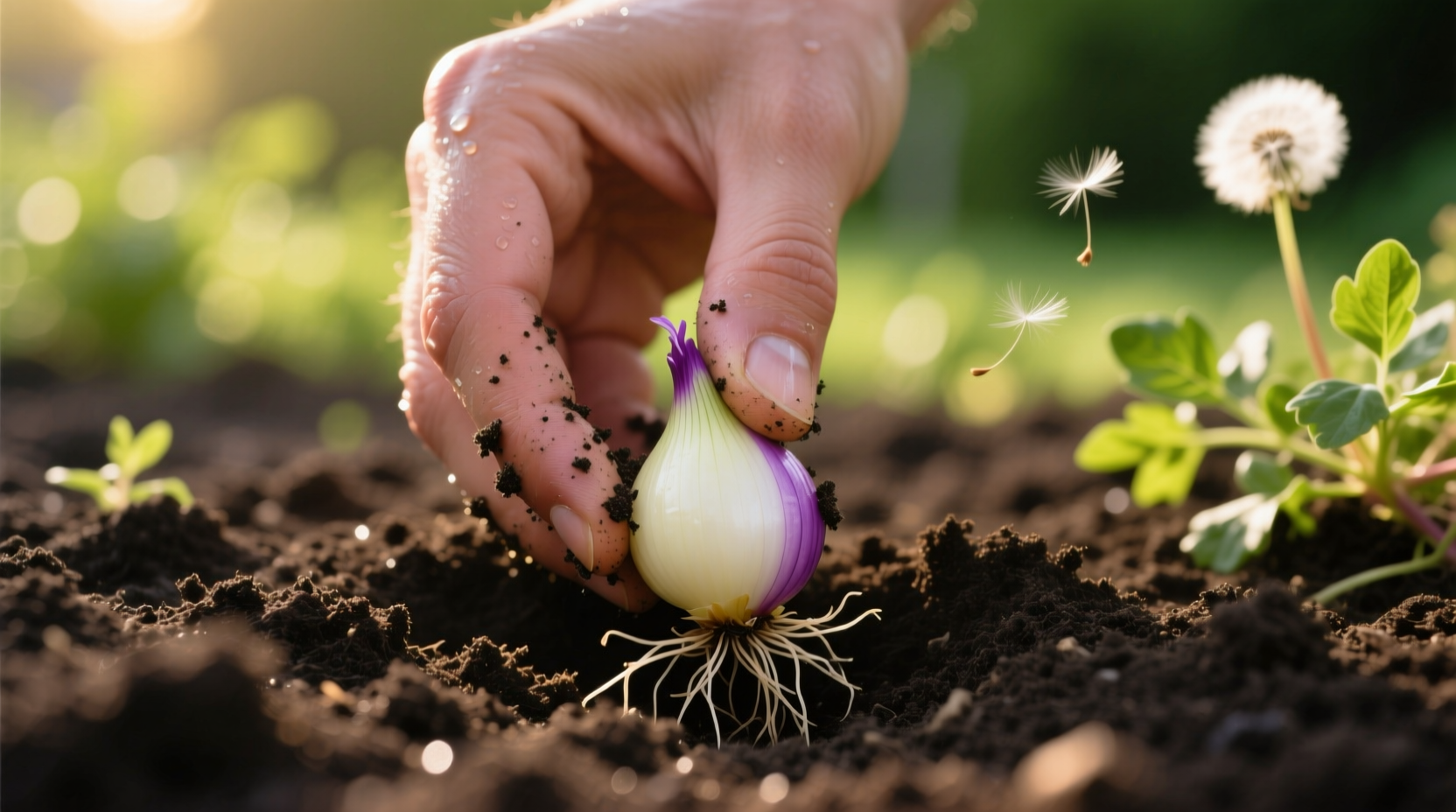 Close-up of hands planting onion bulbs in garden soil
