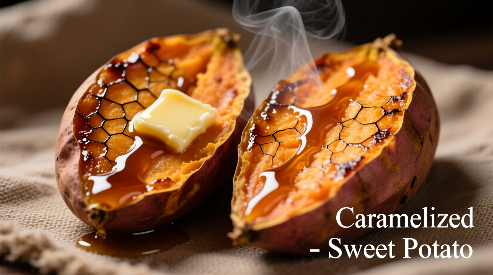 Perfectly caramelized sweet potato halves topped with melted butter and brown sugar