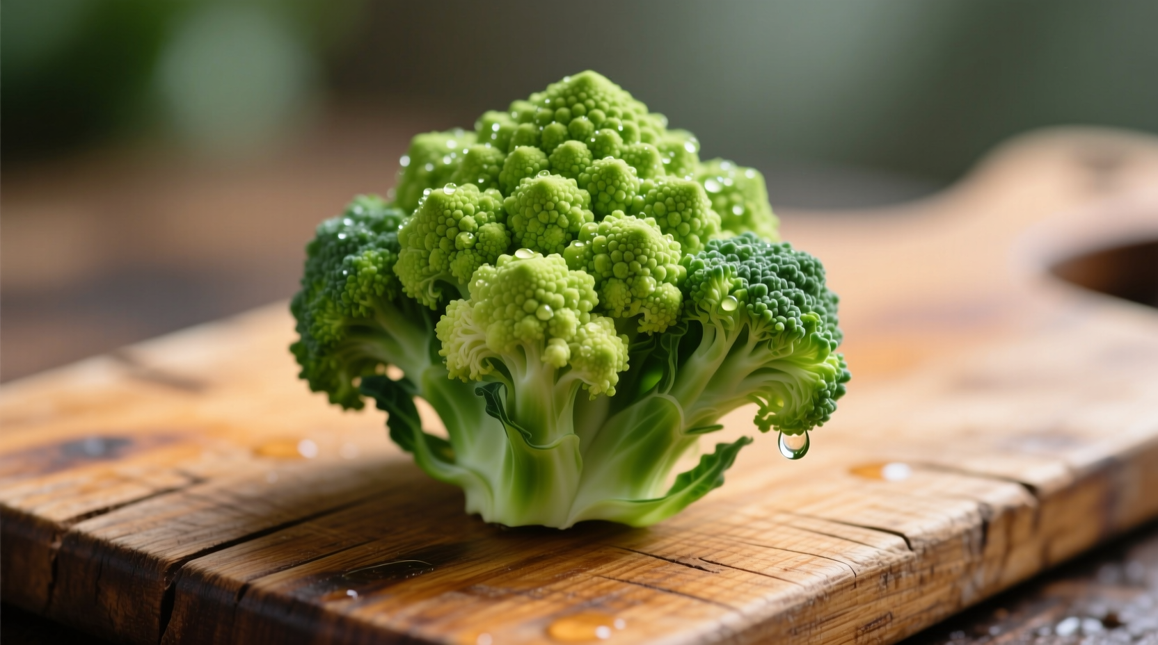 Fresh green-tinged cauliflower on wooden cutting board
