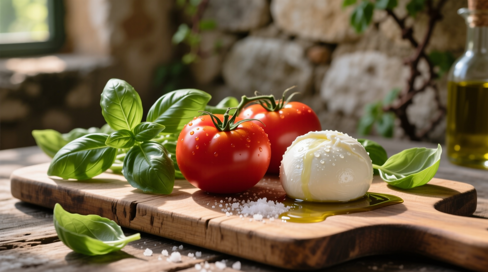 Fresh basil leaves, ripe tomatoes, and mozzarella ball arranged