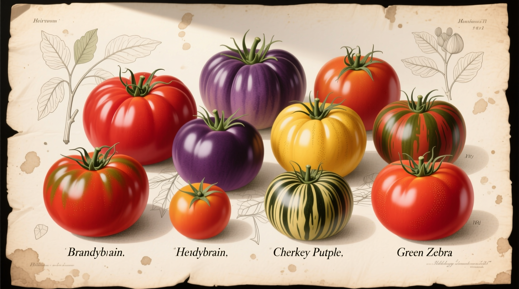Heirloom tomato varieties showing different colors and shapes