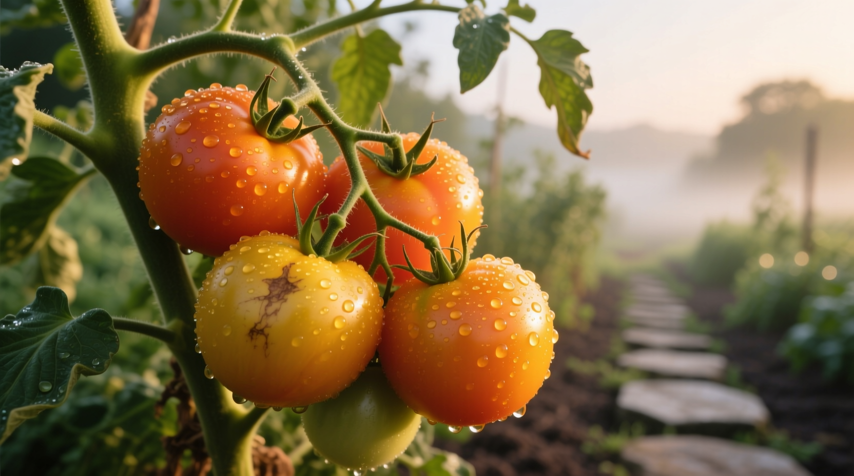 Ripe Sun Gold tomatoes on vine with morning dew