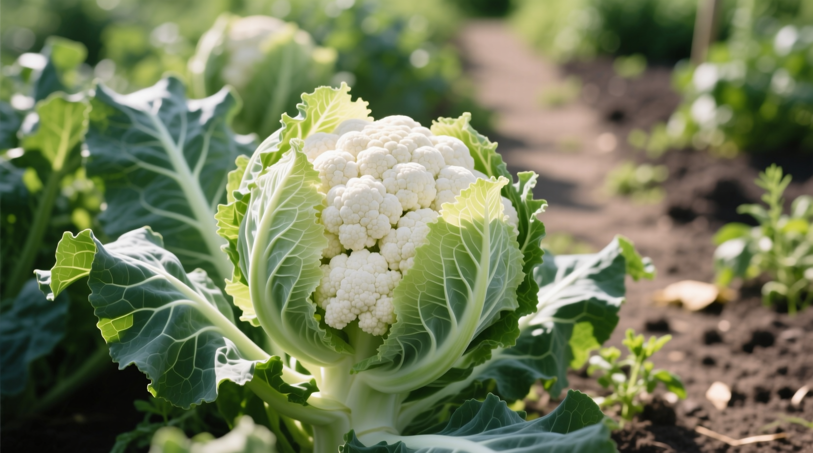 Cauliflower plants with blanched heads in garden