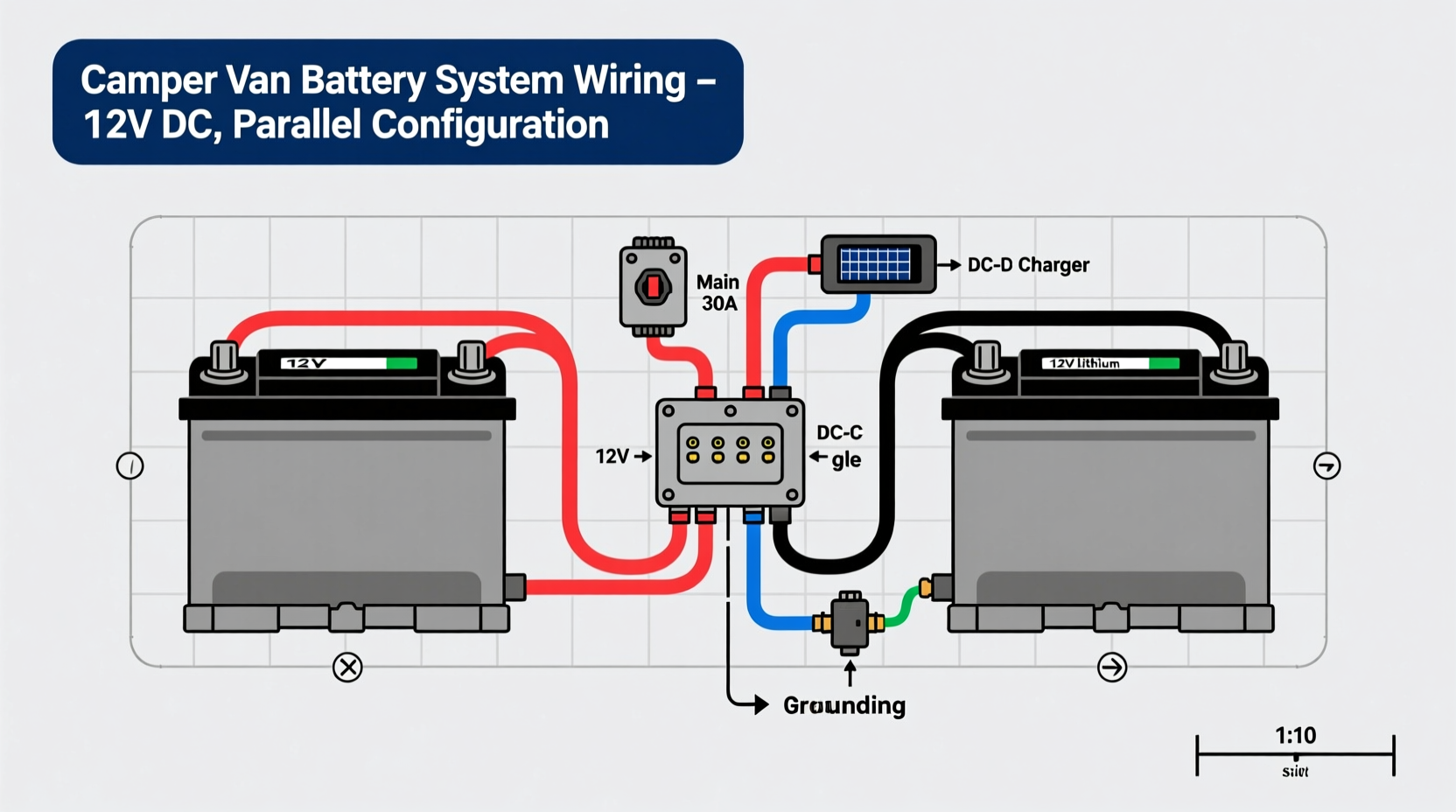 Wiring diagram showing battery connections in camper van electrical system