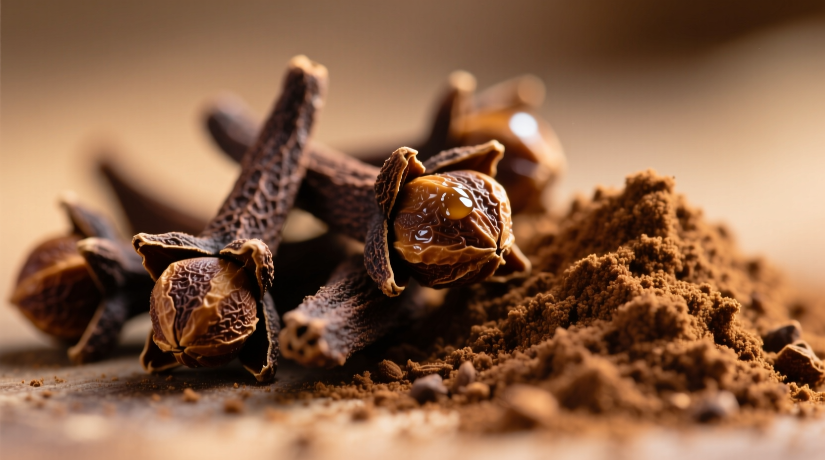 Close-up of whole cloves and ground clove powder