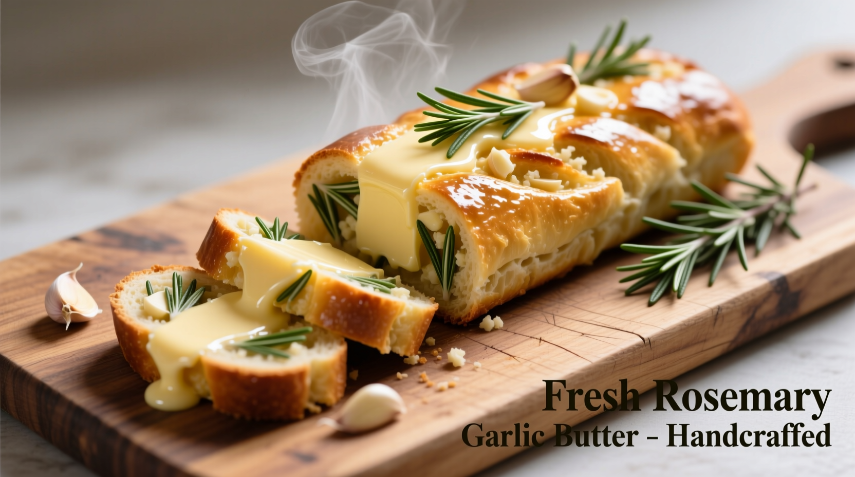 Fresh rosemary garlic butter log sliced on wooden cutting board