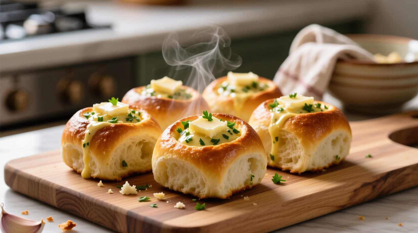 Golden garlic rolls fresh from oven