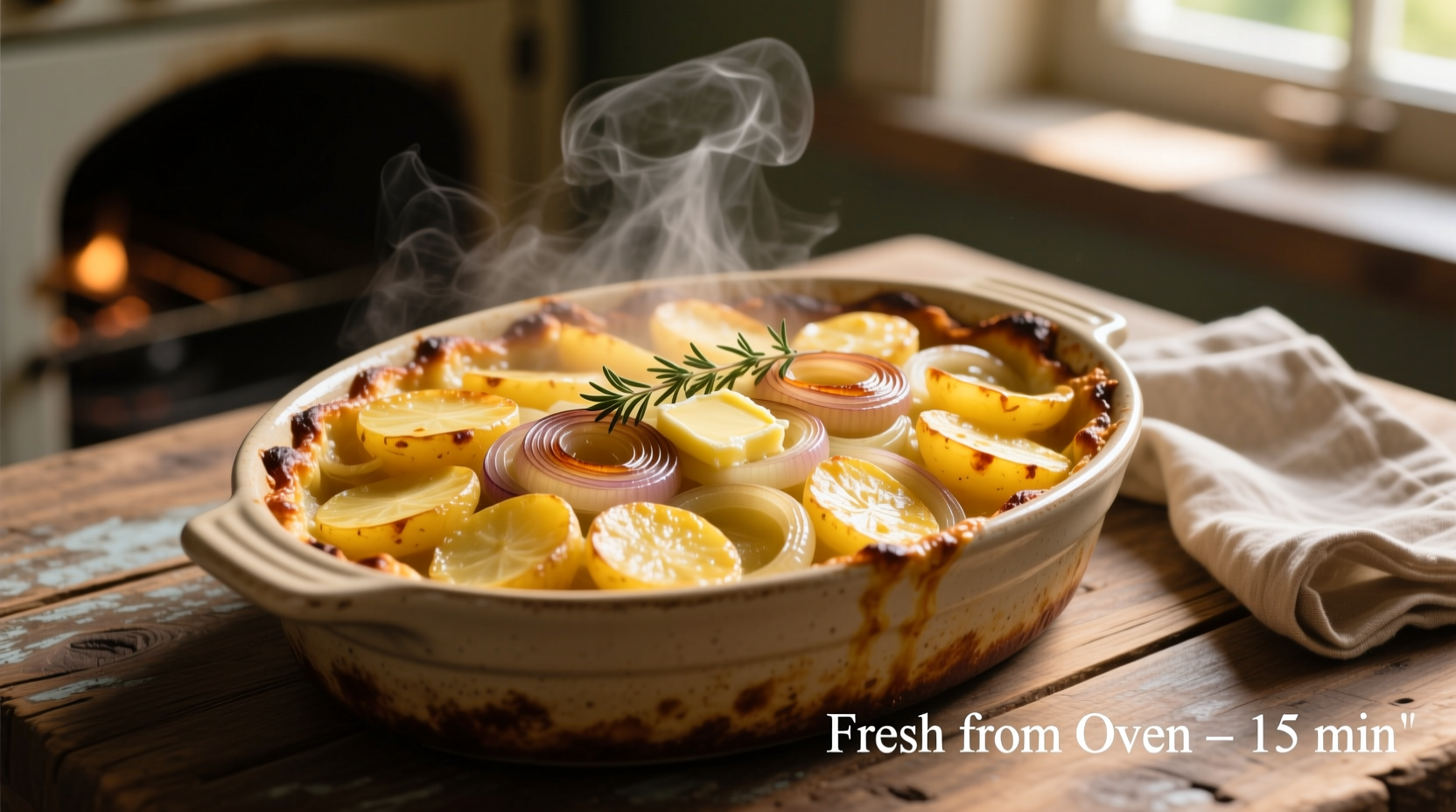 Golden potato onion casserole fresh from oven