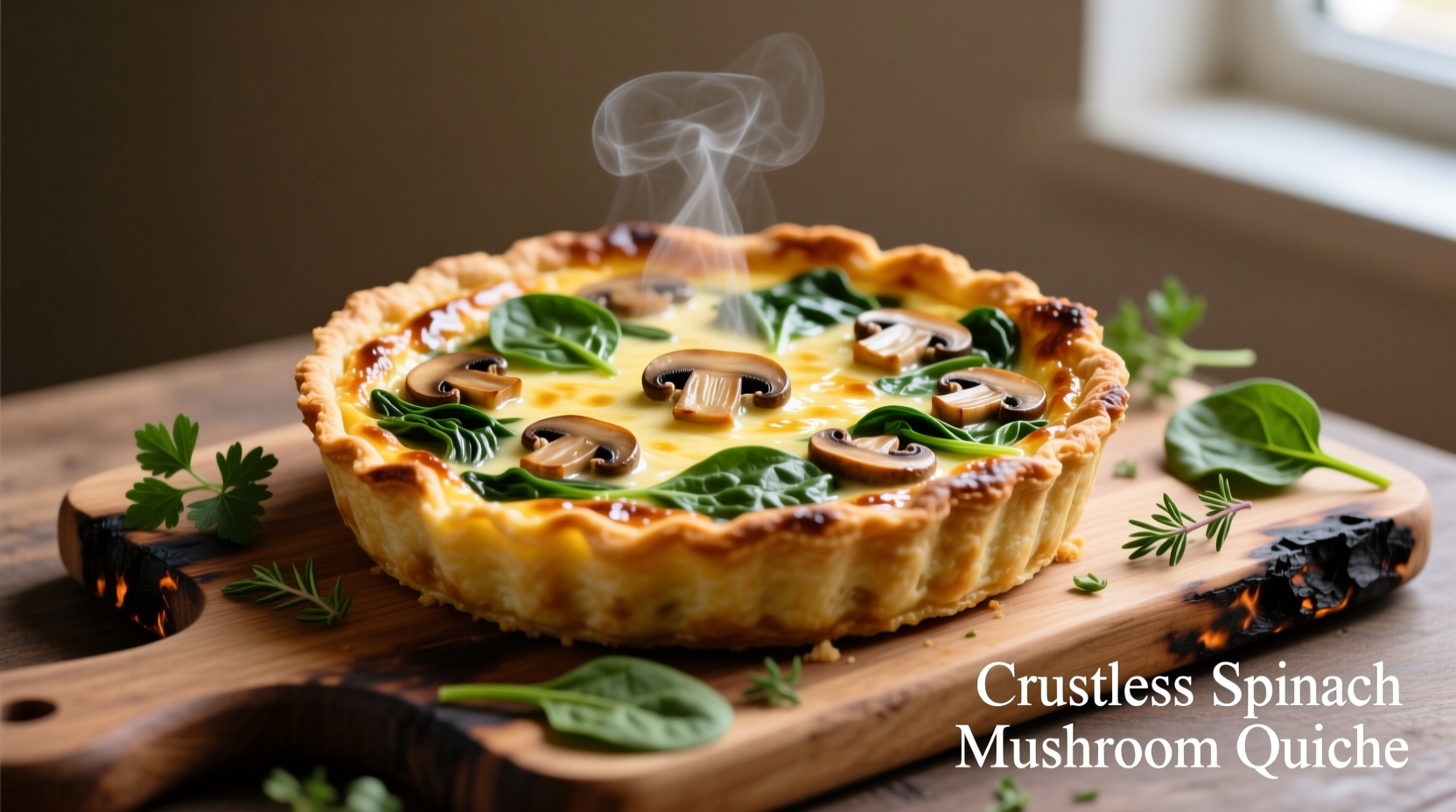 Crustless spinach mushroom quiche golden brown