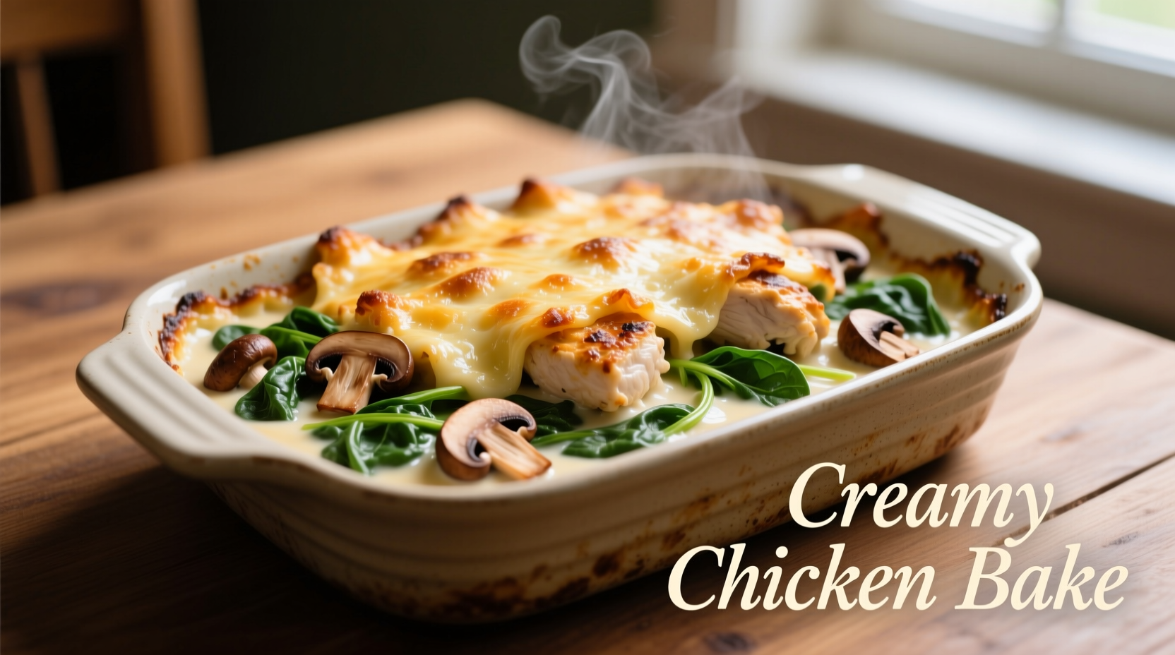 Creamy chicken bake with spinach and mushrooms